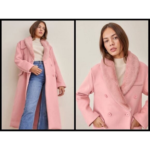 💕REFORMATION💕 Lester Coat ~ Faux Fur Shawl Collar Double Breasted Pink S NWT - Picture 1 of 15